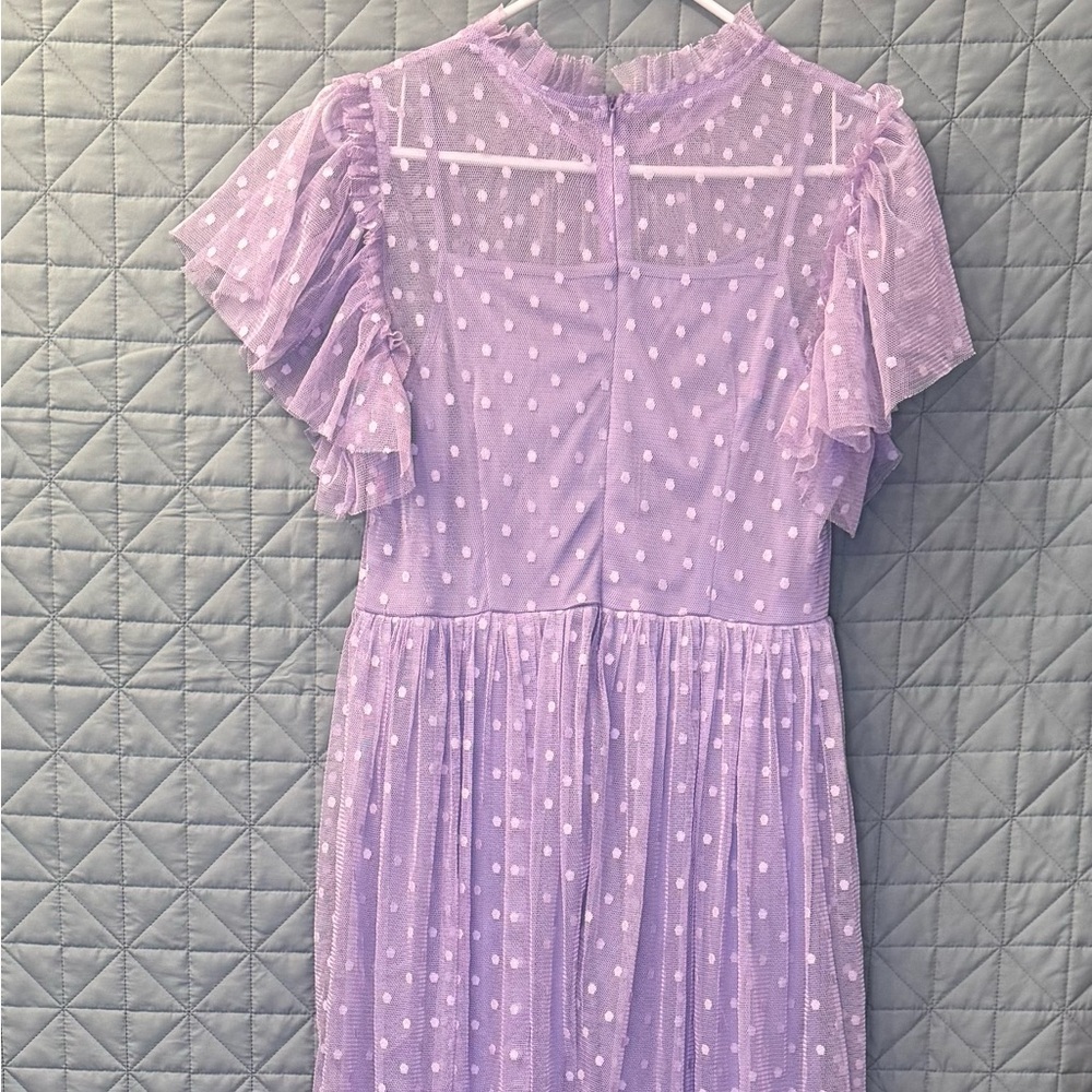 SHEIN Lilac Mesh Maxi Dress Classic Polka Dot Dobby with Ruffles - Picture 2 of 7